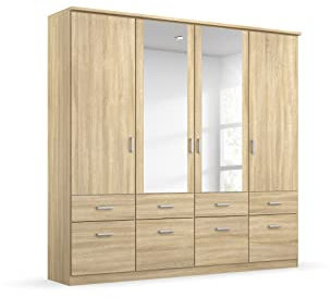 Rauch Möbel Bremen Schrank Drehtürenschrank Kleiderschrank in Eiche Sonoma, Holz, mit Spiegel und 8 Schubladen 4-türig, inklusive Zubehörpaket Basic 1 Kleiderstange, 4 Einlegeböden BxHxT 181x199x58 cm