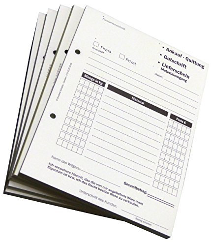 10x Ankaufquittung - Gutschrift - Materialeingang DIN A5, 2-fach selbstdurchschreibend,2x50 Blatt weiß/grün - gelocht (22608)