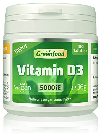 Vitamin D3, extra hochdosiert, 5000 iE - 180 Tabletten, vegan. 5-Tagesration – für Immunsystem, Knochen, Muskeln und Zähne. OHNE künstliche Zusätze - laborgeprüft. Von Greenfood.
