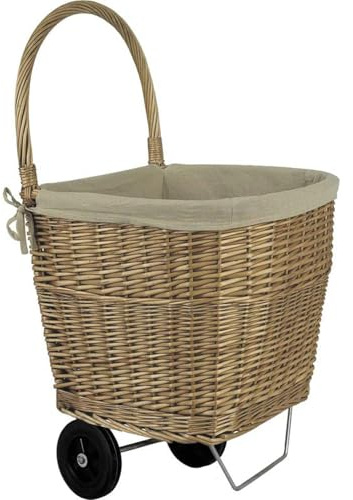 AUBRY GASPARD - Chariot à Bûches Osier Vieilli Doublé Jute - Hauteur 90 cm - Longueur 48 cm x Profondeur 50 cm - Naturel - Robuste Élégant - Pour Stocker et Transporter le Bois