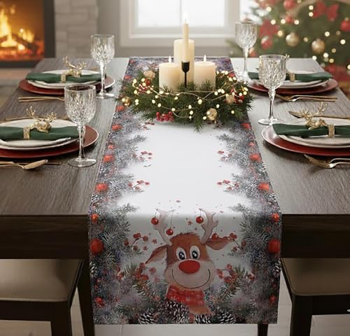 KAMACA Tischläufer 40x140 cm mit hochwertigem Druck-Motiv Küche Esstisch Eyecatcher Herbst Winter Weihnachten (Elch mit roter Nase)