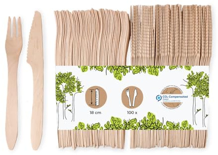 BIOZOYG Einweg-Besteck Set I je 100 Stück Einweg Messer und Gabel I Bio Einweg Holzbesteck Party Besteckset I Einwegbesteck umweltfreundlich I stabiles Biobesteck 200 teilig I 18 cm