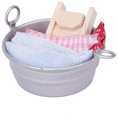 Romote 1/12 Puppenhaus Miniatur Puppenspiel Set Badezimmer Washtub mit Waschbrett Handtuch Set Puppenhaus Zubehör