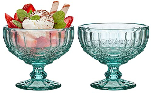 Dibor Glass Dessert Bowl Set of Embossed 300ml Footed Sundae Glass Dessert Cup Dishes (2, Turquoise)