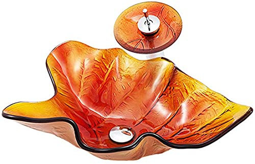 XYEJL Mini Waschbecken Gehärtetes Glas Aufsatzwaschbecken, Rot Blatt Design Handwaschbecken Bad Waschplatz Badezimmer Mit Wasserfall Wasserhahn, Ablaufwasser Set, Montagering,Red