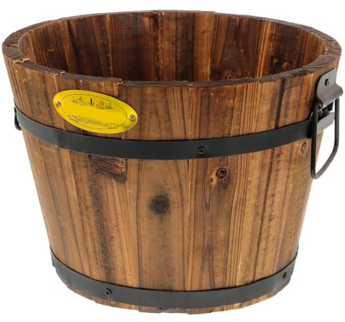 HEMOTON Wood Flower Bucket Large Outdoor Planter Medium Garden Wooden Effect Planter, Outdoor Half Whiskey Cask Flower Pot, Indoor Rustic Patio Grow Plant Container Large Indoor Planters