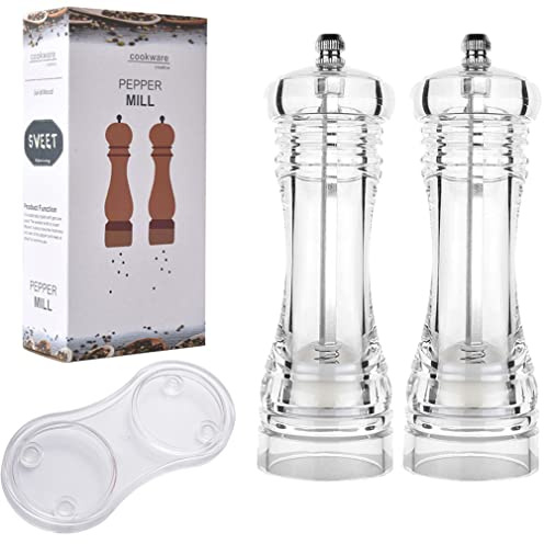 Manual Refillable Pepper Mill Grinder Tray Kit Adjustable Coarseness Acrylic Clear Peppercorn Grinders Combo Salt Pepper Shakers with Ceramic Rotor Kitchen Kitchen Tools Gadgets (6inch-2PCS Pack)