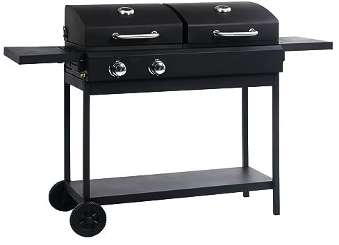 Gas- und Holzkohle-Grill mit 2 Brennern, JUNZAI Grill Gas, Gas Tischgrill, Tischgasgrill, Kombigrill, Grill Für Balkon, Grillstation