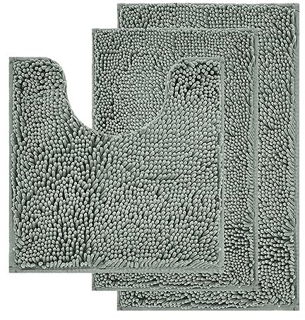 Reyox Chenille Badezimmerteppich Set 3 Teilig, Badvorleger rutschfest Waschbar, Weicher Absorbierende Badematte Grau Grün