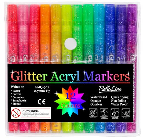 BellaLine | Glitterstiften Acryl Marker | Glitterpennen | Happy Stones | kleuren | Kinderen |Verjaardag Cadeau | creatief | Glitterpennen volwassenen | Glitterpennen voor kinderen