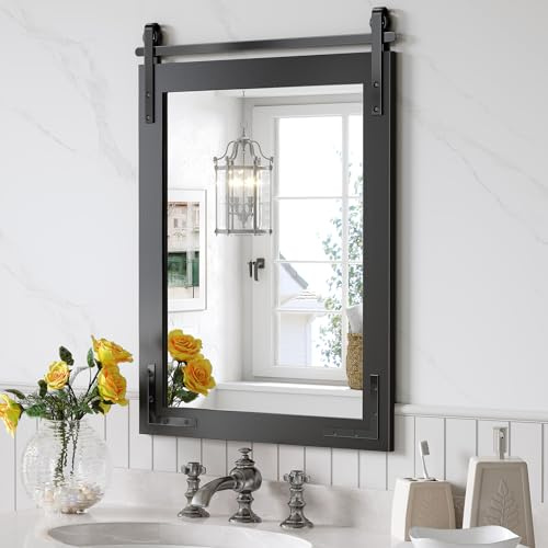 Mestikits Farmhouse Bathroom Mirror, 22x30 Black Farmhouse Mirror with Rustic Wood Framed, Barn Door Vanity Mirrors for Wall, Vintage Decorative Mirrors for Entryway,Living Room,Bedroom