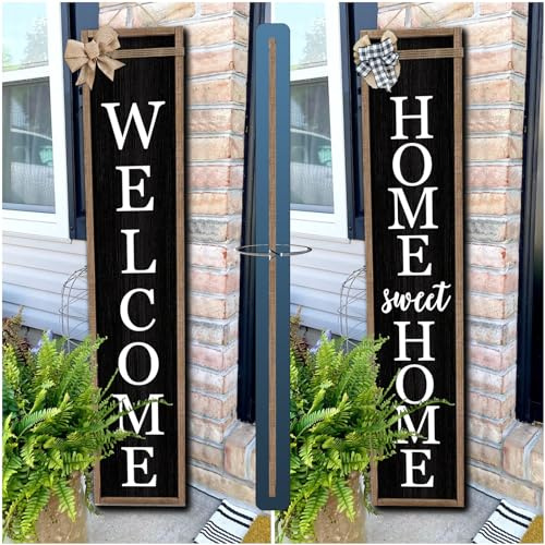 Outdoor Welcome Sign for Front Porch Standing Large 2 Sided 45X9 Wooden Frame Tall Vertical Leaner Long Home Sweet Home Front Door Sign for Rustic Outside Farmhouse Modern Decor (Wood Black)