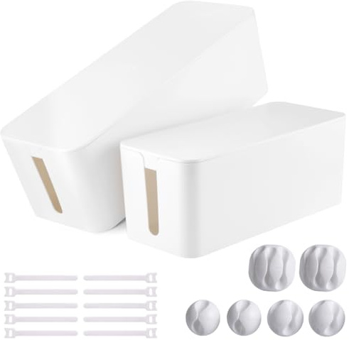 Cable Management Box, 2 Pack Large & Medium Cable Organizer Box with 17 PCS Cable Management Set, Cord Organizer Box to Hide Surge Protector on Desk or Floor (White)