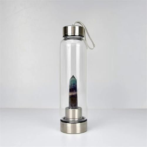 Natural Crystal Water Bottle Reusable Water Bottle With Gemstone Center Healing Obelisk Wand Elixir Quartz Crystal Water Bottle Quartz Crystal Wand Point Reiki Healing Crystal Glass Bottle ( Color : C