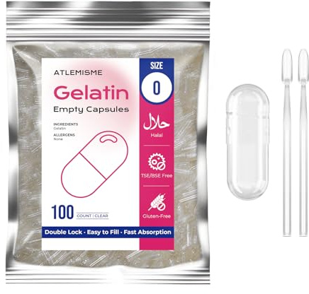Empty Capsules Size 0 100 count,Clear Empty Gelatin Capsules Kosher,Halal and Non GMO Certified for DIY Supplements.Hypoallergenic Gel Capsules Empty with 2 Spoons,Adapted to the Capsule Filler