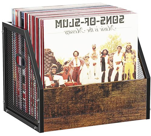 DOLALIKE Vinyl Record Storage, Vintage Wood Album Holder with Dividers for 100+ Records, Box Case Crate for Books, Magazines, Organizer (Trapezium)