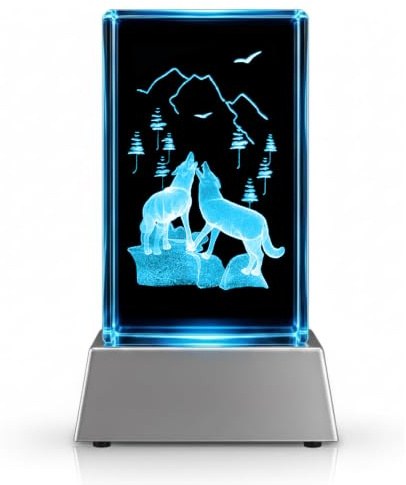 Kaltner Präsente Stimmungslicht - Ein ganz besonderes Geschenk: LED Kerze/Kristall Glasblock / 3D-Laser-Gravur Tiere Wald Wölfe Berge/Beleuchtung in Regenbogen Farben