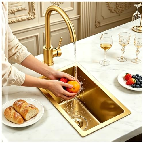 HZKSINNK Diskbänk, Golden Bar Single Bowl Diskho, Rostfritt Stål Fyrkantig Guld Nano/Prep Med Avloppssats, Lätt Att Rengöra, Drop-In Undermount/Topmount