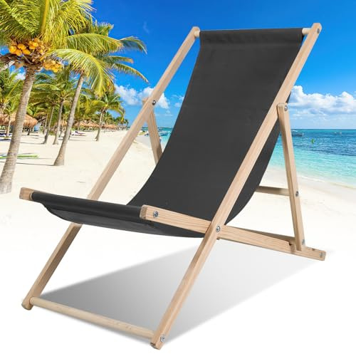 Ollewiellan Liegestuhl Klappbar Holz Grau Strandstuhl Holz,Gartenliege Holz bis 120kg,Verstellbar Sonnenliege Holz wetterfest Holzklappstuhl Strandliege für Patio Balkon Strand