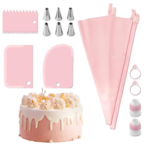 Frosting – Kit tubazioni per la cottura – Set di decorazioni per torte | 24 punte per ghiaccio in acciaio inox, 2 sacchetti da forno riutilizzabili in silicone, 3 frizioni, 2 chiodi per fiori, 1