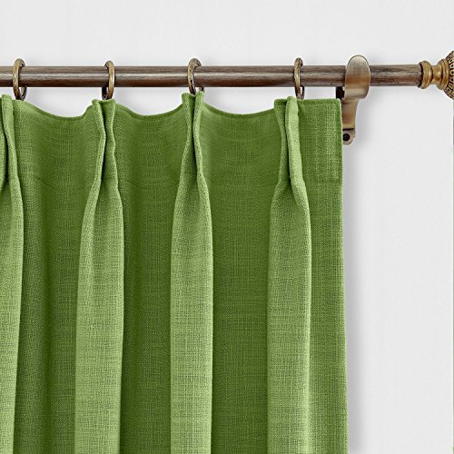 Green Faux Linen Pinch Pleat Curtain with Blackout Lining for Sliding Glass Door 90x90 Inch