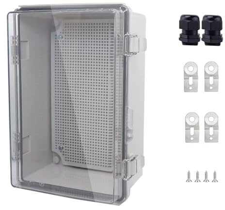 IP67 Waterproof Junction Box, ABS Plastic Electrical Enclosure with Stainless Steel Latch, Hinged Cover Electric Box with Mounting Plate, Wall Brackets & Cable Glands 280x190x130mm