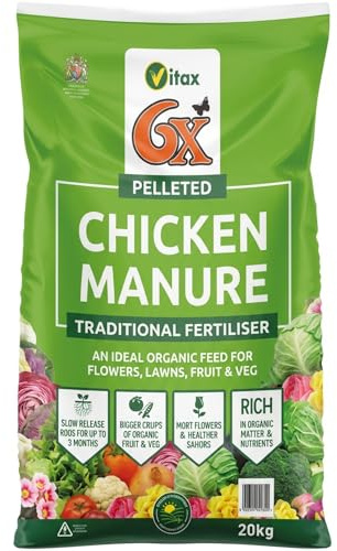 Vitax 6X Natural Pelleted Chicken Manure Fertiliser 20kg | Bulk Concentrated Organic Plant Food | Oven Sterilised & Weed Free | Treats 250sqm | Soil Conditioner for Allotments, Lawns & Veg