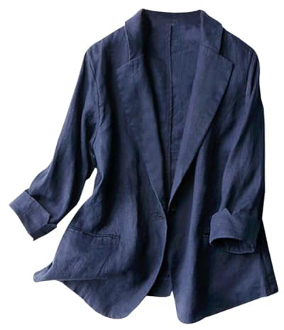 Generisch 2025 - Veste pour femme grande taille slim fit en coton et lin léger uni avec un bouton à manches 7/4 à carreaux, bleu, 3XL
