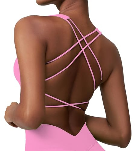 Okdance Damen Sport BH Rückenfrei Spaghetti Zurück Kreuzen Gym Top Geringe Auswirkung Unterstützung für Pilates Yoga Outfit (DE/NL/SE/PL, Alphanumerisch, S, Regular, Regular, Pink)