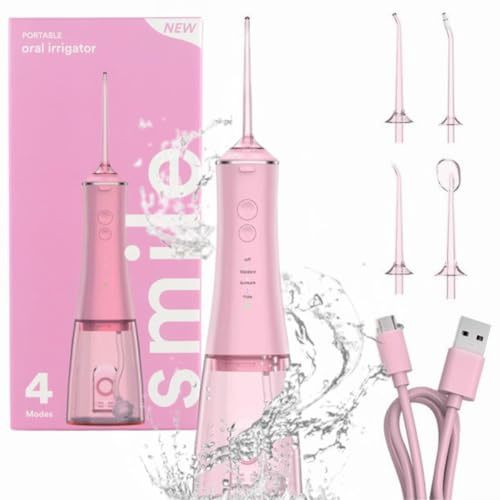 Smilekit® Water Flosser | Electric Flosser | Portable Irrigator | Rechargable Irrigator | Dentist Approved | 60 Day Battery | USB-C Charging | 4 Modes | 3 Colour Choices (Pink, One Size)