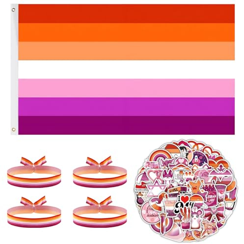 Drapeau Lesbien Arc-En-Ciel LGBT 90 x 150 cm pour Pride Day des Fiertés | LGBTQ Accessoires de Fierté avec 50 Autocollants LGBTQ + 4 Bracelet Lesbiennes pour Marche des Fiertés Événement Decor