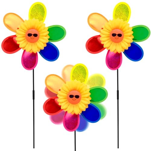 Inheming 3 Stück Regenbogen Windmühle Spinner, Windrad Garten, Sonnenblumen-Windmühle,windrad vogelabwehr, Windspiel Blume Windrad für Rasen Windrad Hof Garten Terrasse Balkon Deko