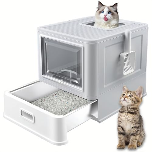 Homegroove Caja de arena para gatos de acero inoxidable con cajón, caja de arena plegable XL para gatitos con tapa para gatos de interior, bandeja de arena para gatos cubierta de metal con pala de