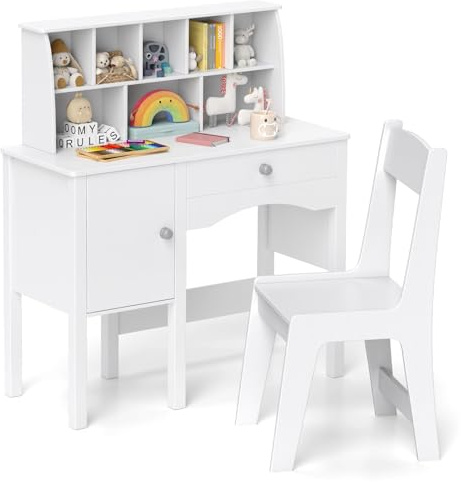 FANTASK Scrivania per bambini con sedia, scrivania per ragazzi con armadio, cassetto e scaffale, in legno, per bambini dai 3 anni, 79 x 34 x 91 cm (bianco)
