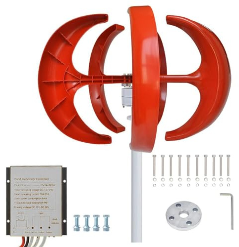 Kit de aerogenerador de 600 W, 5 aspas, Eje Vertical, 24 V CA, imán Permanente y Controlador de Linterna: solución eficiente de energía renovable (Rojo)