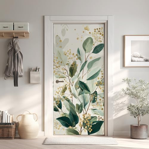 Skandinavisch Minimalistisch Türtapete Türposter Türfolie Selbstklebend PVC, Frühling Pflanze Türaufkleber Abnehmbar Wasserdicht, Olivgrün Blätter Fototapete für Tür Wohnzimmer Kinderzimmer 90x200 cm