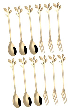 MOTHNUR 12 piezas Cucharas y Tenedores Postre Acero Inoxidable Cucharas para Café y Servir Postres Diseño Dorada para Té y Aperitivos