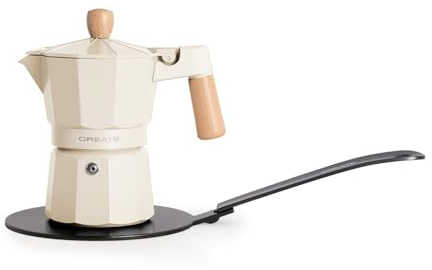 CREATE / THERA MOKA RETRO/Cafetera italiana con adaptador para inducción blanco roto/Capacidad de 6 tazas, aluminio, 350 ml, válvula de seguridad, apta para gas, cocina eléctrica o vitro