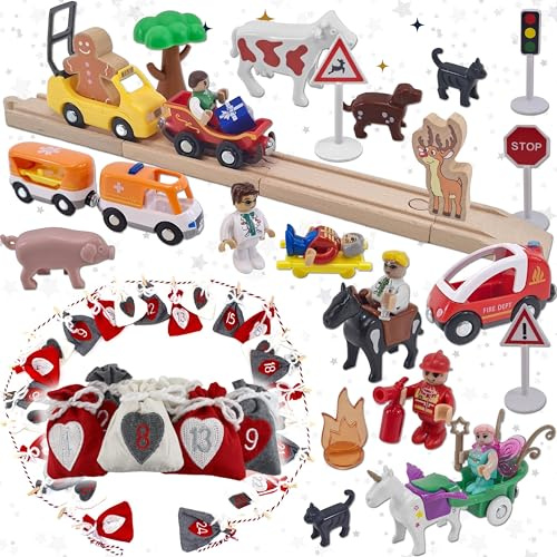 Adventskalender zum Befüllen Holz-Eisenbahn Rentier + Zubehör 2025 - weihnachtlicher Spielzeug Spaß, mit Überraschungen jedes Säckchen füllen, kompatibel mit vielen Holzeisenbahn-Sets, ab 3 Jahren