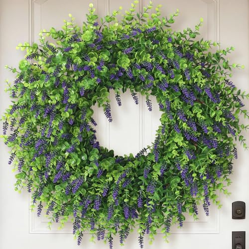 26 Artificial Lavender & Eucalyptus Wreath for Front Door - UV Resistant Faux Greenery Outdoor Wreath for Wall, Window, Farmhouse, Spring, Summer Decor