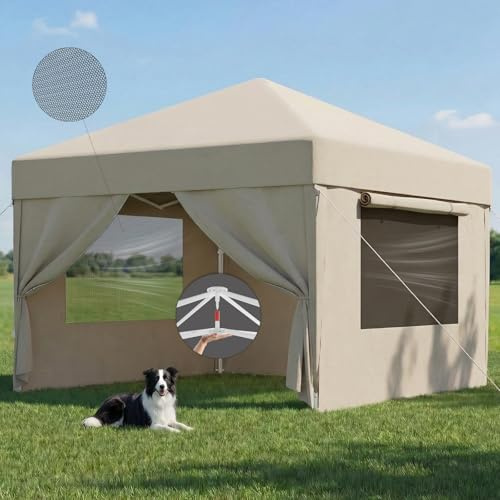 JUMMICO Tonnelle Pliante 3x3m avec Moustiquaire Aérée Anti-Insectes｜Robuste et Durable｜Imperméable et Anti-UV｜Installation et Rangement Rapides｜Idéale pour Cour, Balcon, Camping et Plus Encore｜Beige