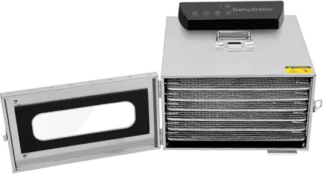 Fyssnn Essiccatore a 6 piani in acciaio inox, disidratatore con regolatore di temperatura 30 – 85 °C e timer e display a LED e clip alimentari, essiccatore per carne, frutta, verdura, erbe, tè ai