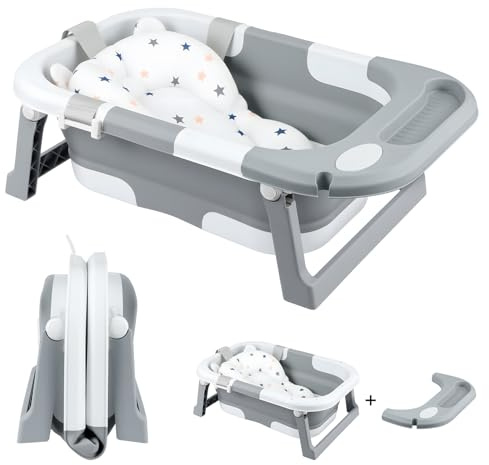 ARATERVIO Faltbare Babybadewanne mit Sitz – tragbare Babywanne mit Wärmesensor-Ablauf, rutschfest & platzsparend, Baby Badewanne für Neugeborene bis Kleinkinder (0–36 Monate), sicher & kompakt (Grau)