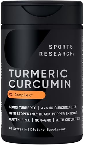 Sports Research® Turmeric Curcumin C3 Complex® w/BioPerine Black Pepper Extract & Organic Coconut Oil - Standardized 95% Curcuminoids · Non-GMO · Gluten Free - 60 Count Softgels