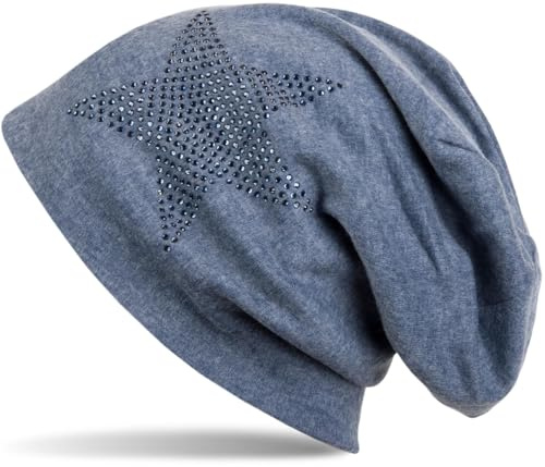 styleBREAKER Beanie Strass Stern Baumwollmix warm 59cm | Slouch Design. Glitzer Applikation. Bundweite 26cm. Höhe 26cm. elastisch. weiche Haptik. warme Qualität. Einheitsgröße.