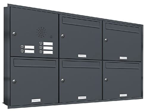 AL Briefkastensysteme, 5er Unterputzbriefkasten mit Klingel in Anthrazit Grau RAL 7016, 5 Fach wetterfeste Briefkastenanlage Design modern