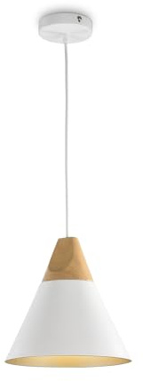 Moderna Lampada pendente a sospensione da Soffitto, per interni, Design nordic, in metallo bianco e legno, paralume cono, filo lungo, altezza regolabile 1 lampadina E27 60W 220-240V non incl
