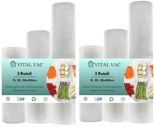 VITAL VAC Vakuumierbeutel | 6 Rollen 15cm, 20cm und 28cm x 3m Länge | Vakuumbeutel Lebensmittel für Vakuumiergerät | Konservierung, Gefrieren, Mikrowelle und Kochen
