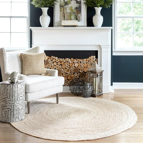 nuLOOM 3 Round Rigo Jute Hand Woven Area Rug, Off White, Solid Farmhouse Design, Natural Fiber, For Bedroom, Living Room, Dining Room, Hallway, Office, Kitchen, Entryway