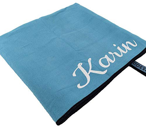 Sporthandtuch mit Name oder Wunschtext Bestickt, Mikrofaser Handtuch - ideal als Fitnesshandtuch, Badehandtuch, Reisehandtuch & Strandtuch, kompakt, leicht & schnelltrocknend, 70 x 140 cm türkis